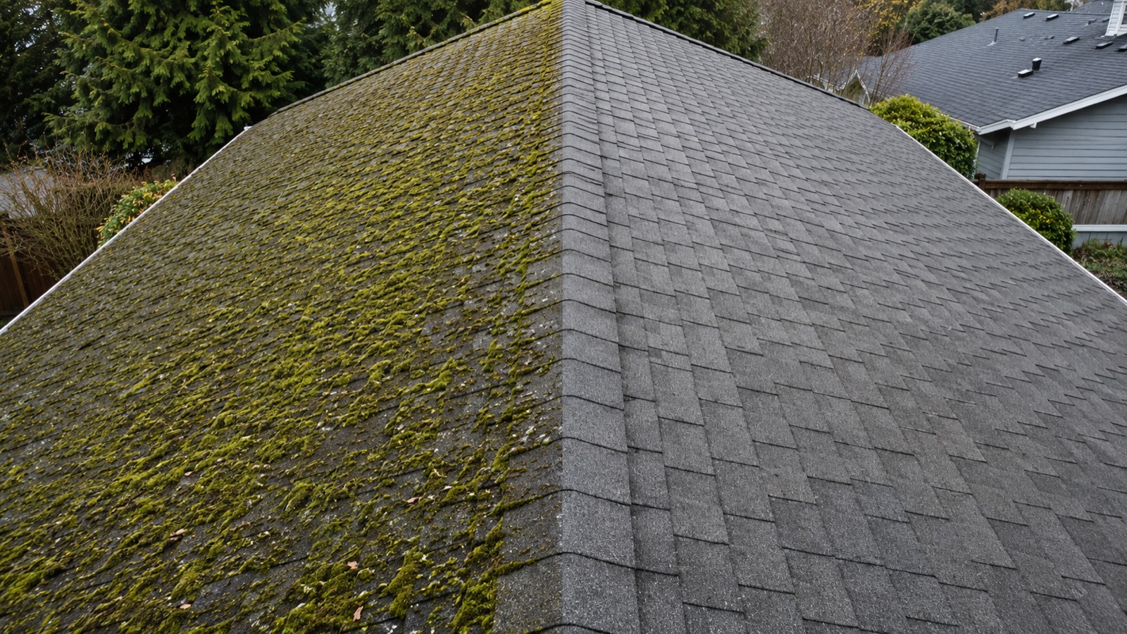 Soft-wash roof cleaning, before and after