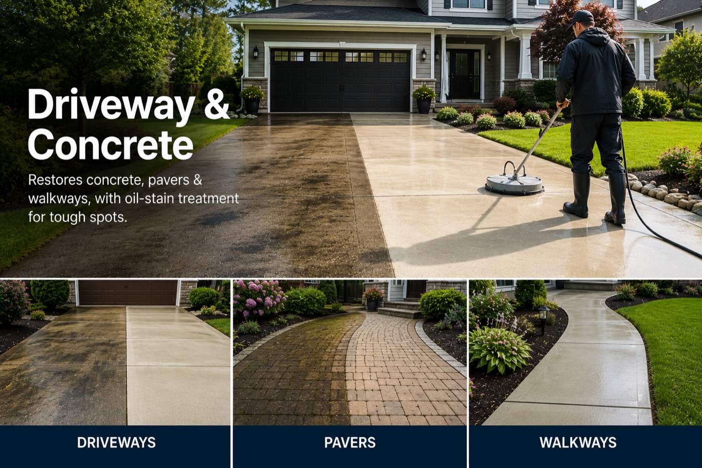 Pressure washing a concrete driveway