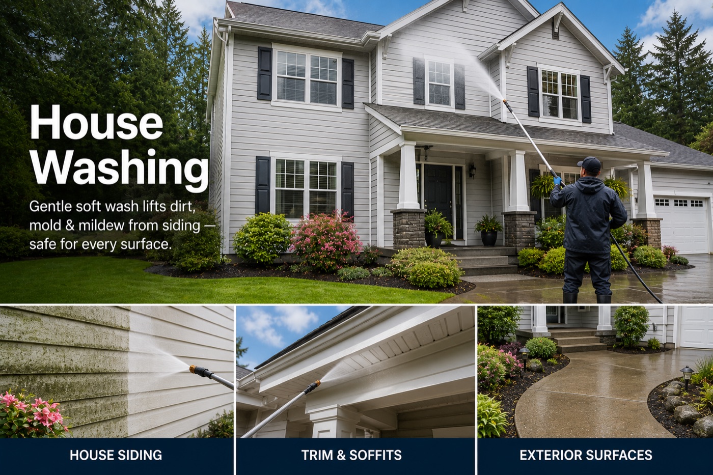 Soft washing applied to a Pacific Northwest home exterior